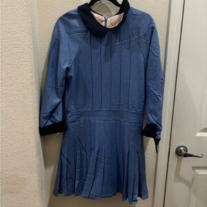 Blue Pleated Dress with Black Collar